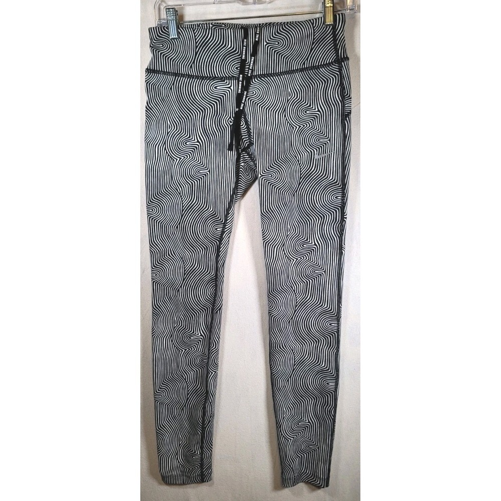 Nike Running Pants Womens Size Small Dri-Fit Black White Back Zip Pocket Swirl